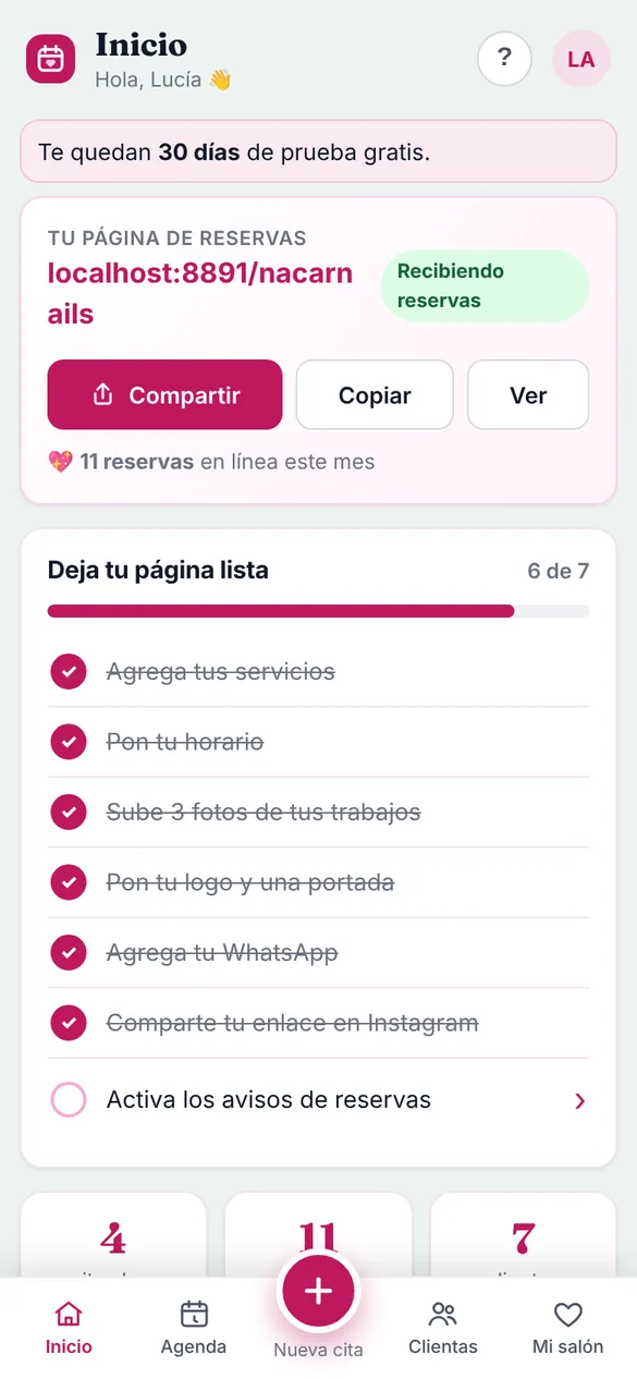 Panel de la dueña con su enlace de reservas