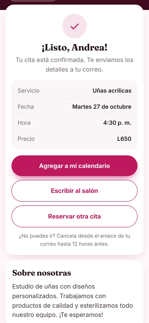 Confirmación de la cita para la clienta