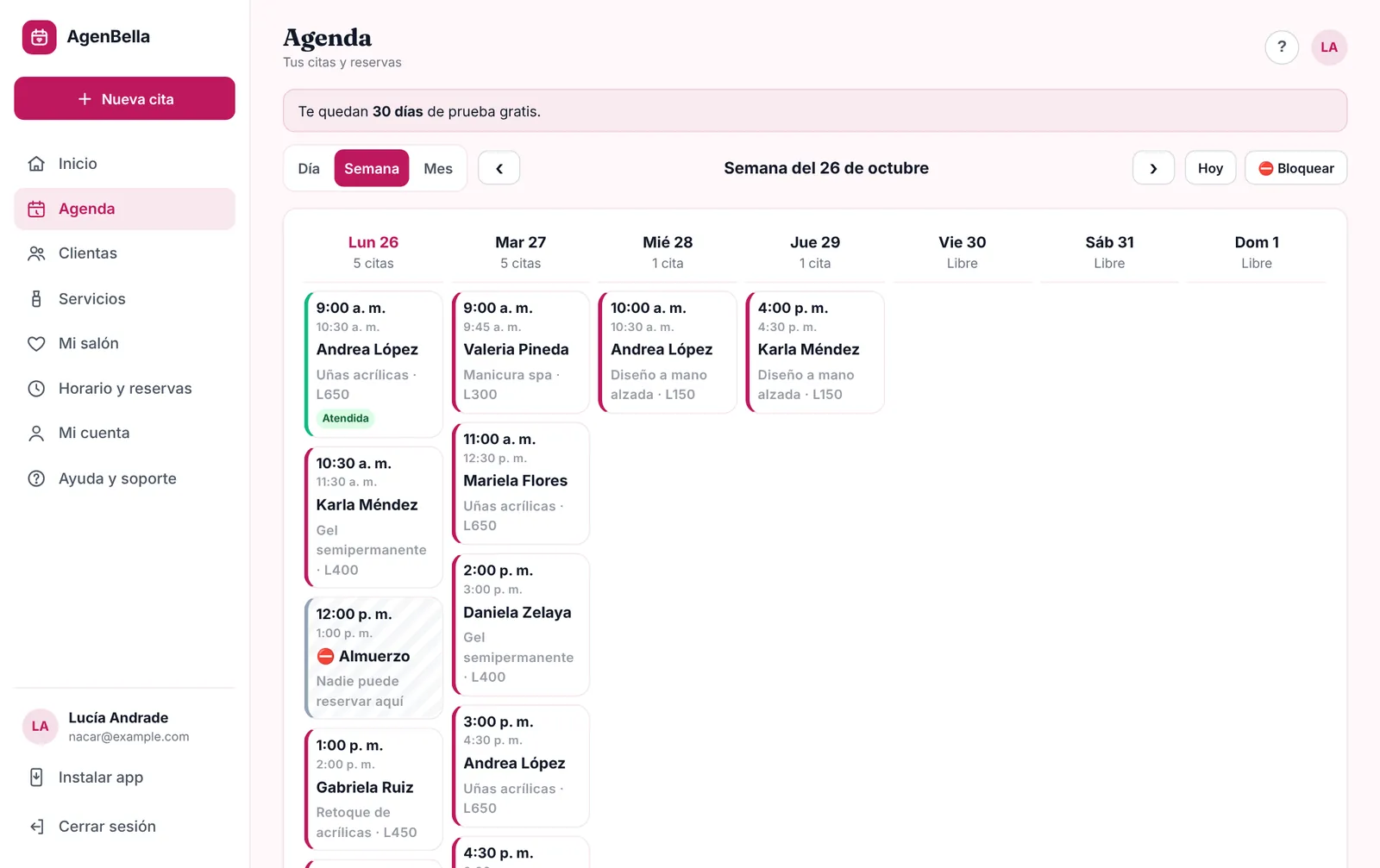 Agenda semanal de un salón en la computadora