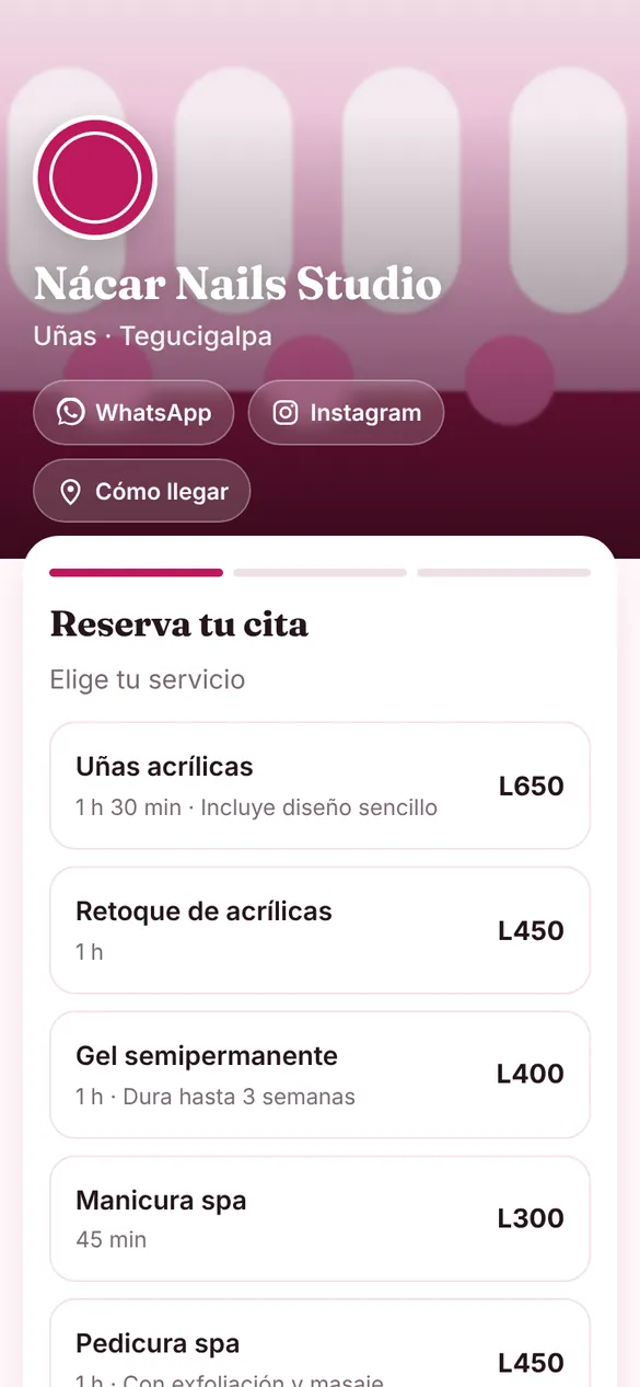Página de reservas de un salón